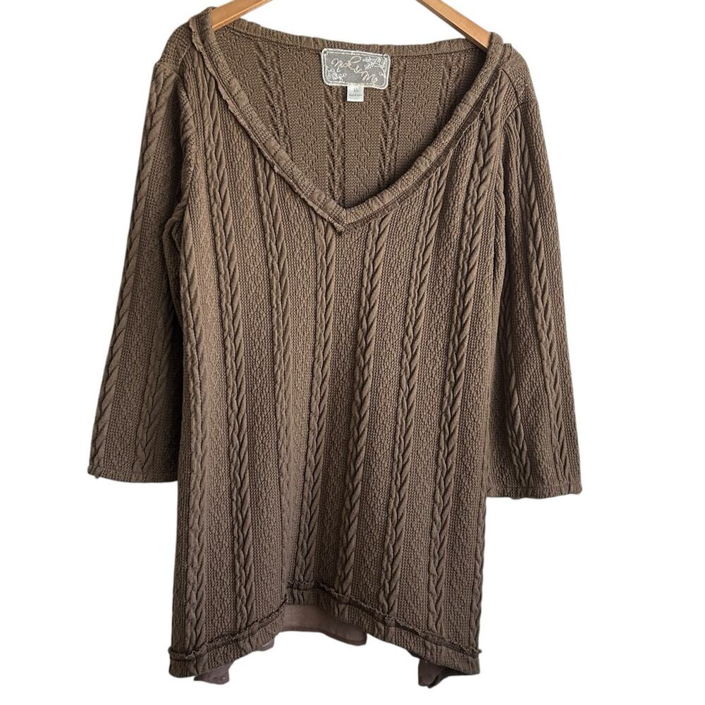 Nick & Me Women Tunic Sweater XL Taupe Mixed Media Cable Knit Boho Baybdoll‎
